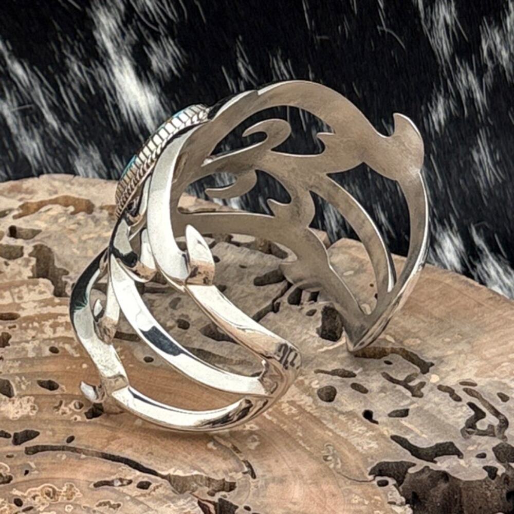1990s Native American NAVAJO Sandcast Silver & Mine No 8 Turquoise Cuff Bracelet - Picture 2 of 6